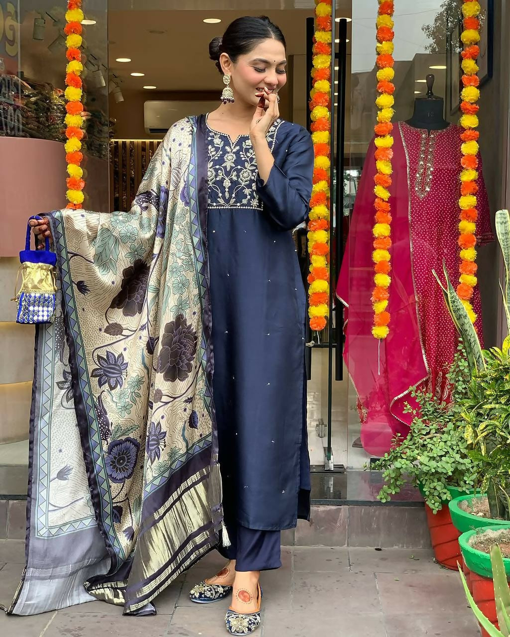 The52 Navy Blue Women's Beautiful Viscose Chanderi Fabric Embroidered Work Straight Kurta Pant and Dupatta Set