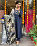 The52 Navy Blue Women's Beautiful Viscose Chanderi Fabric Embroidered Work Straight Kurta Pant and Dupatta Set