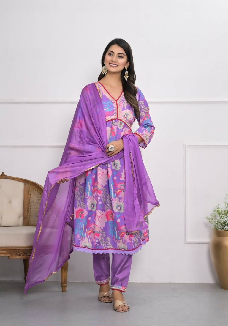 Lavender Muslin silk Embroidery with Thread and sequence Stitched Suit With Dupatta - Tanisha