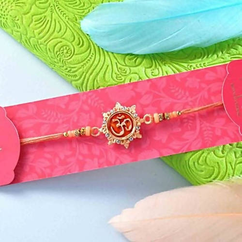 Auspicious Peach Om Rakhi & Batisha Slice Combo