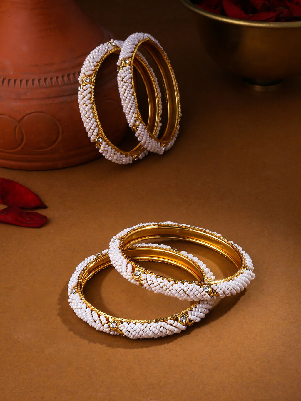 NVR Women Set of 4 Gold-Polished Traditional Pearls Beaded Bangles