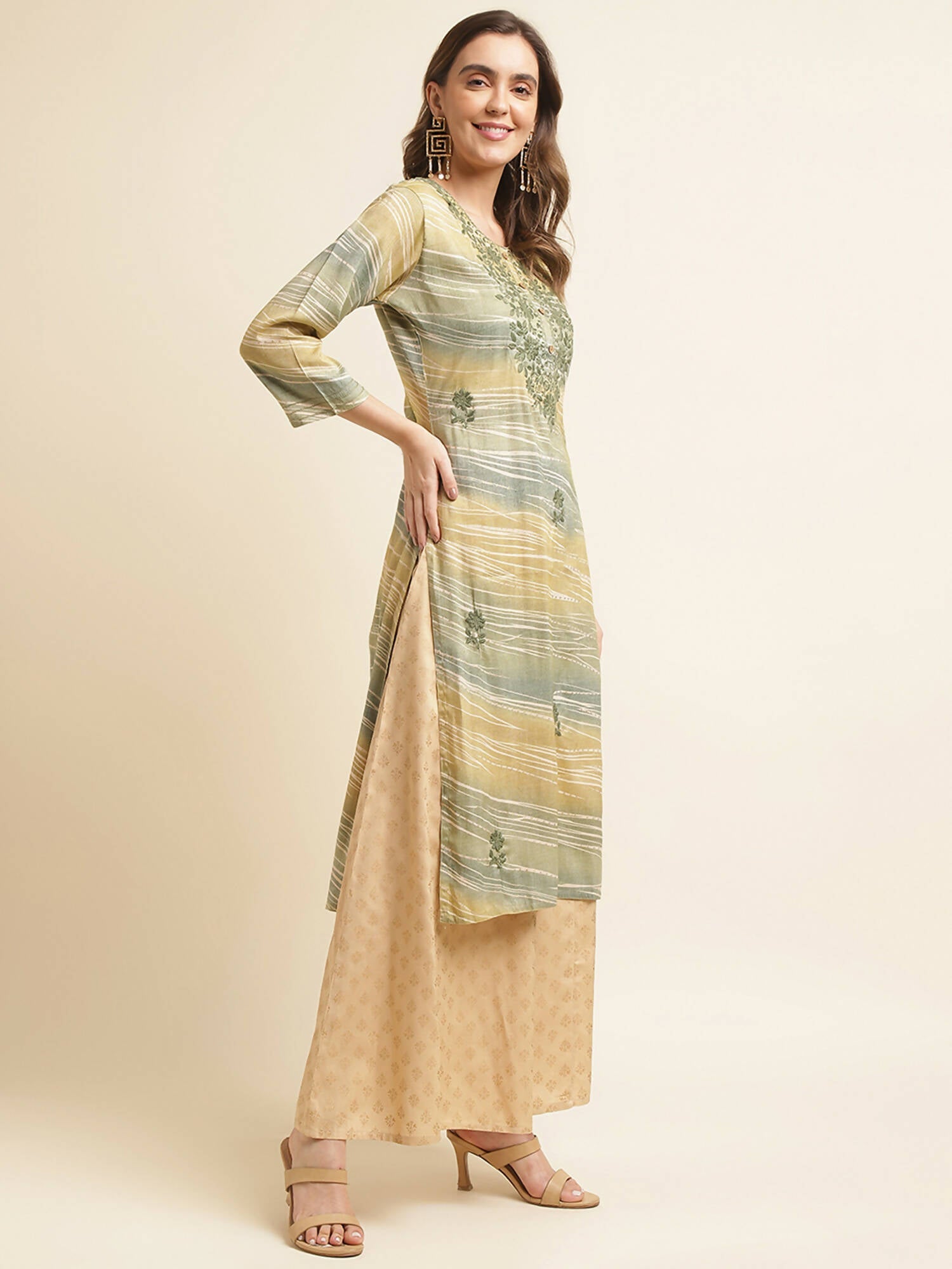 Green Poly Rayon Stripe Printed Straight Fit Kurta - Prasuti