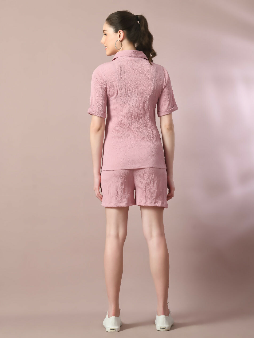 Myshka Women's Pink Solid Shirt Collar Party Shirt With Shorts Co-ord set