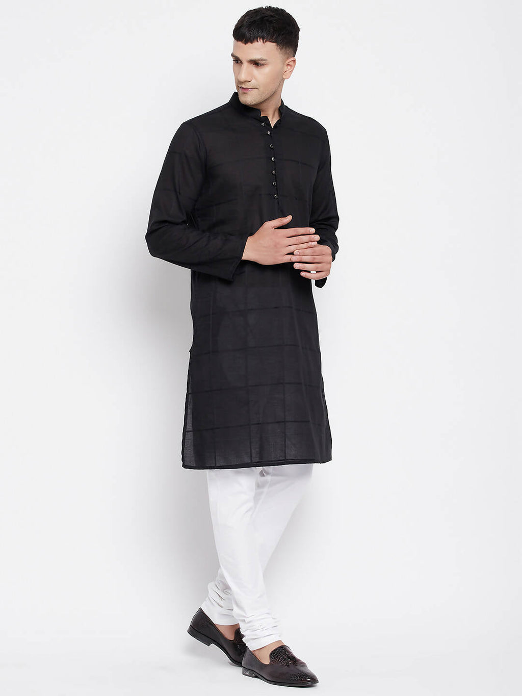 Even Apparels Pure Cotton Men's Kurta in Black Color With Band Collar