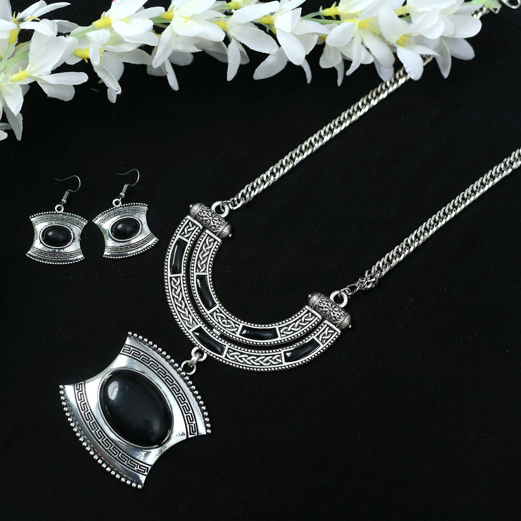 Mominos Fashion Johar Kamal Oxidised Silver-Plated Stone Work Long Necklace Handicraft