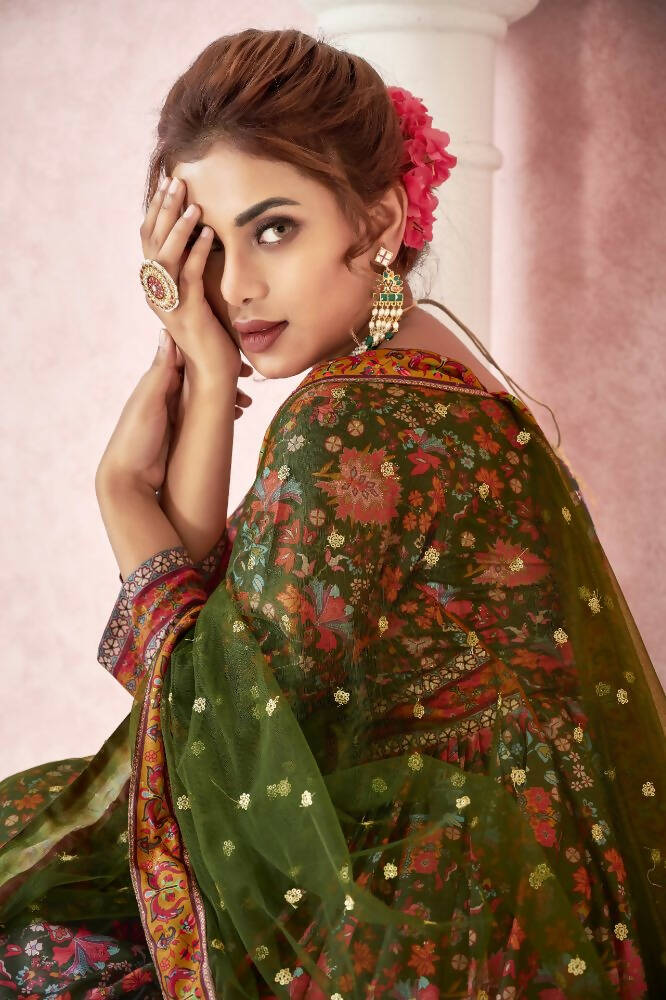 Everywhere Designer Mahendi Dola Silk Gown With Dupatta - Anbazaar