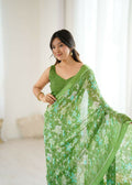 PR Fashion Green Bright Moss Satin Patta Printed Saree