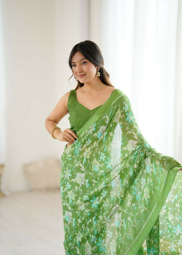 PR Fashion Green Bright Moss Satin Patta Printed Saree