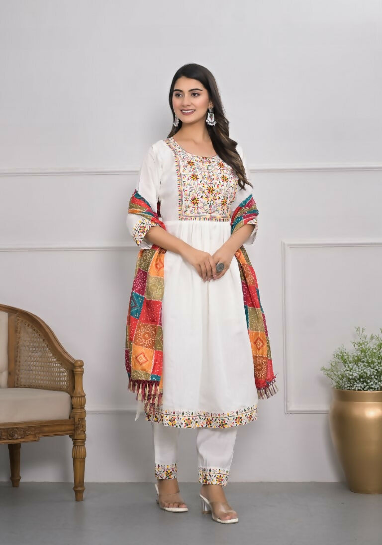 White Viscose Silk Embroidery with Thread and sequence Stitched Suit With Dupatta - Tanisha
