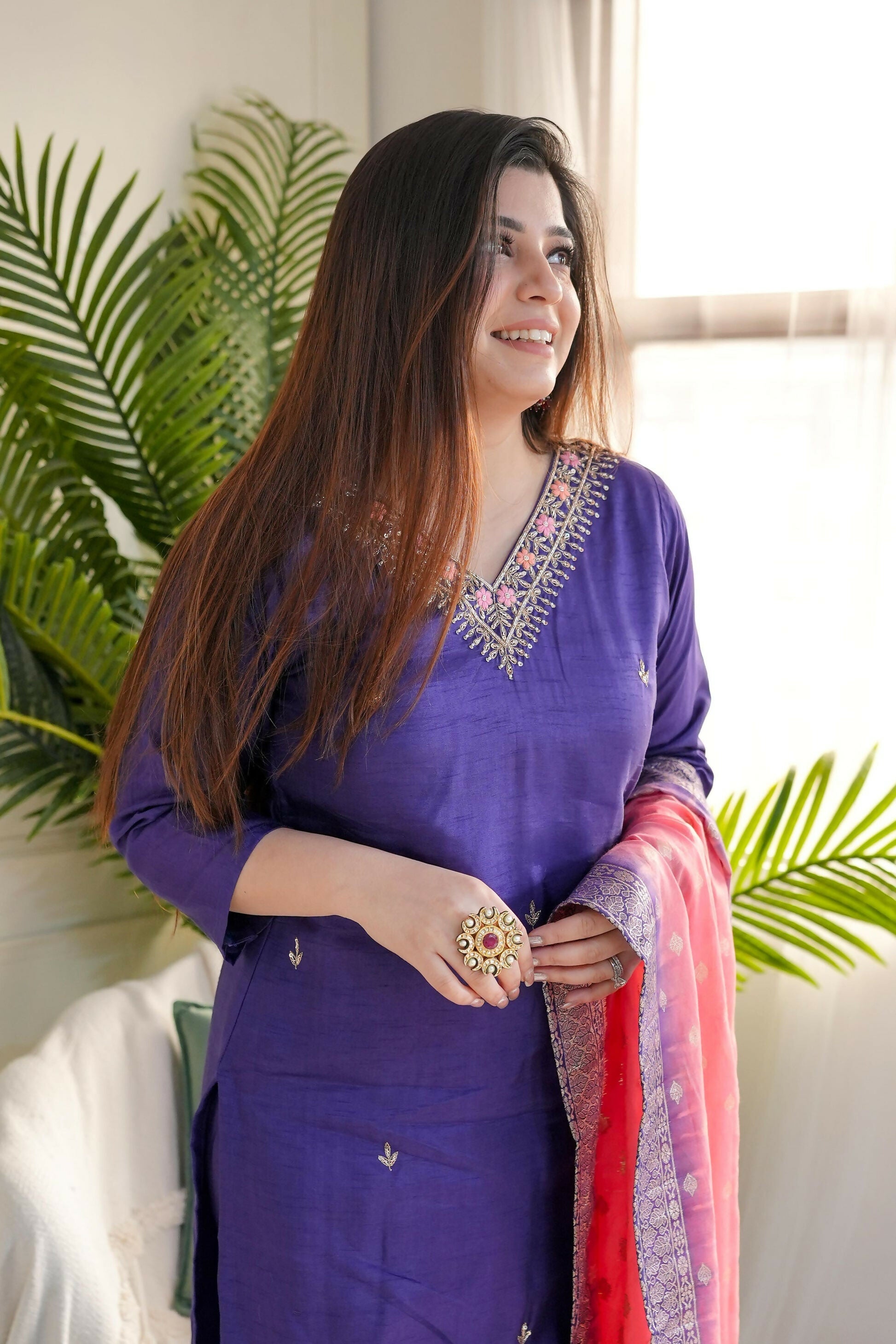The52 Purple Women's Gorgeous Embroidered Vichitra Fabric Straight Kurta Pant with Dupatta Set