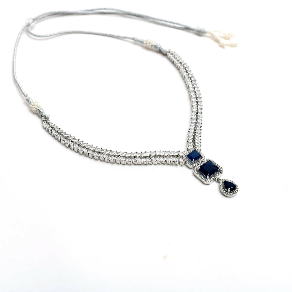 Mominos Fashion Johar Kamal Silver-Plated American Diamond Navy Blue Choker Set