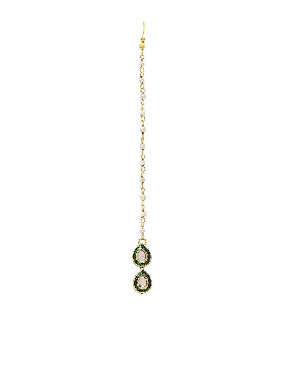 Ruby Raang Green Double Teardrop Kundan Maang Tikka with Meenakari