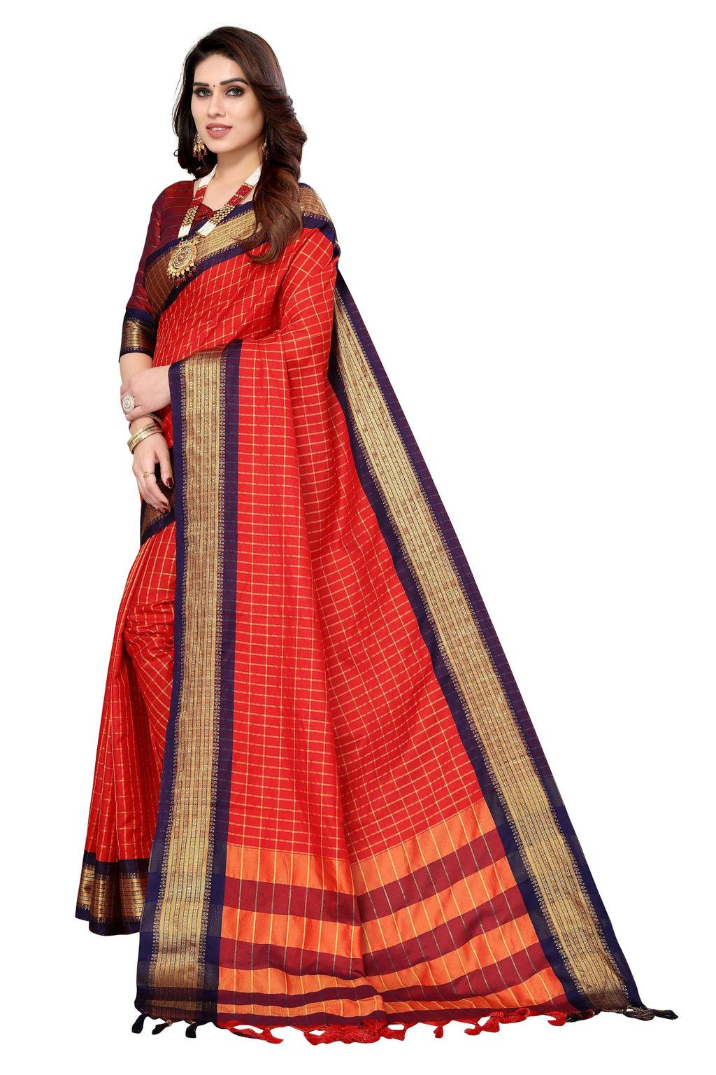 Vamika Weaving Red Cotton Silk Saree