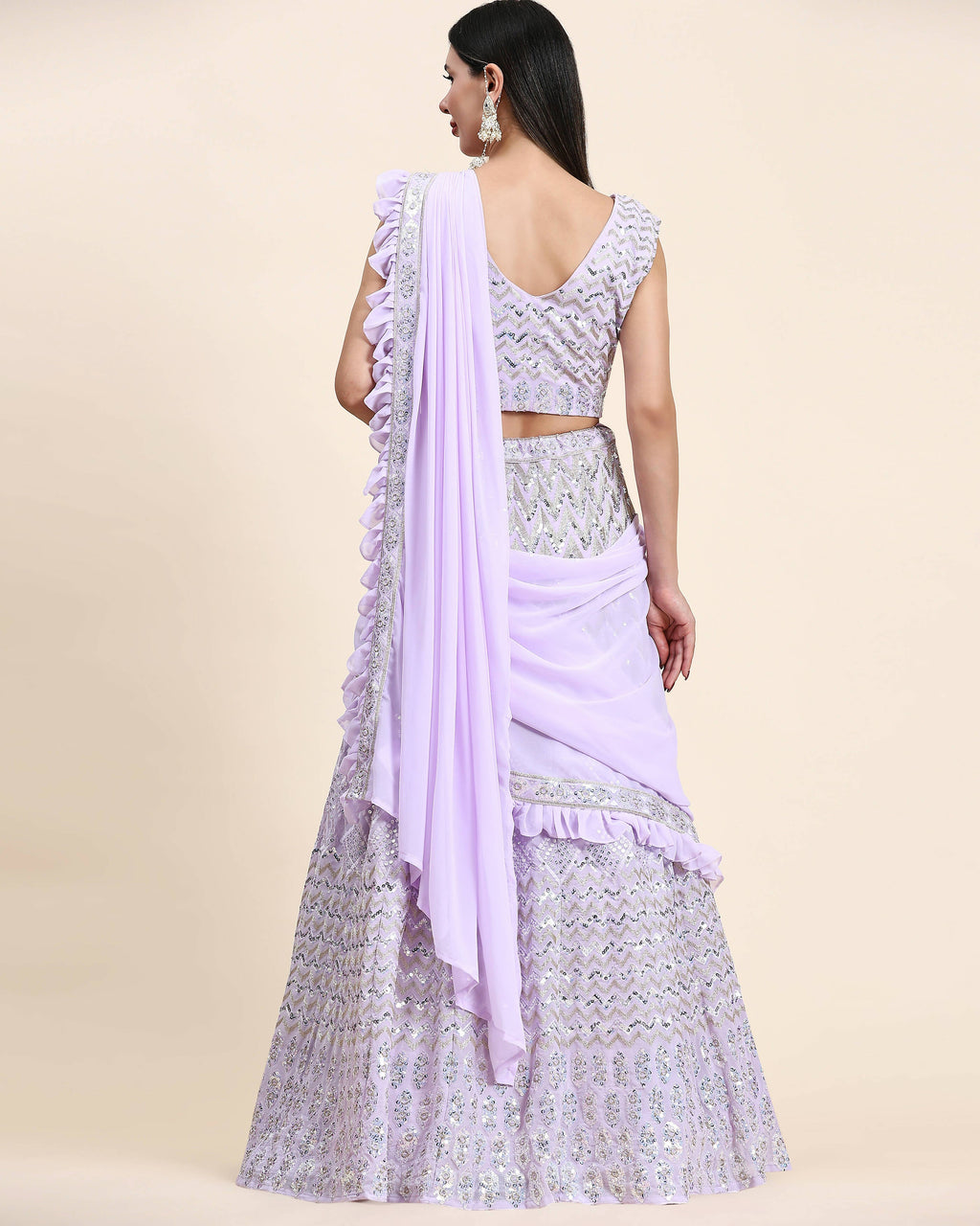 Lavender Pure Viscose Georgette Thread With Sequins Embroidery Work Lehenga Choli With Dupatta - Tanya