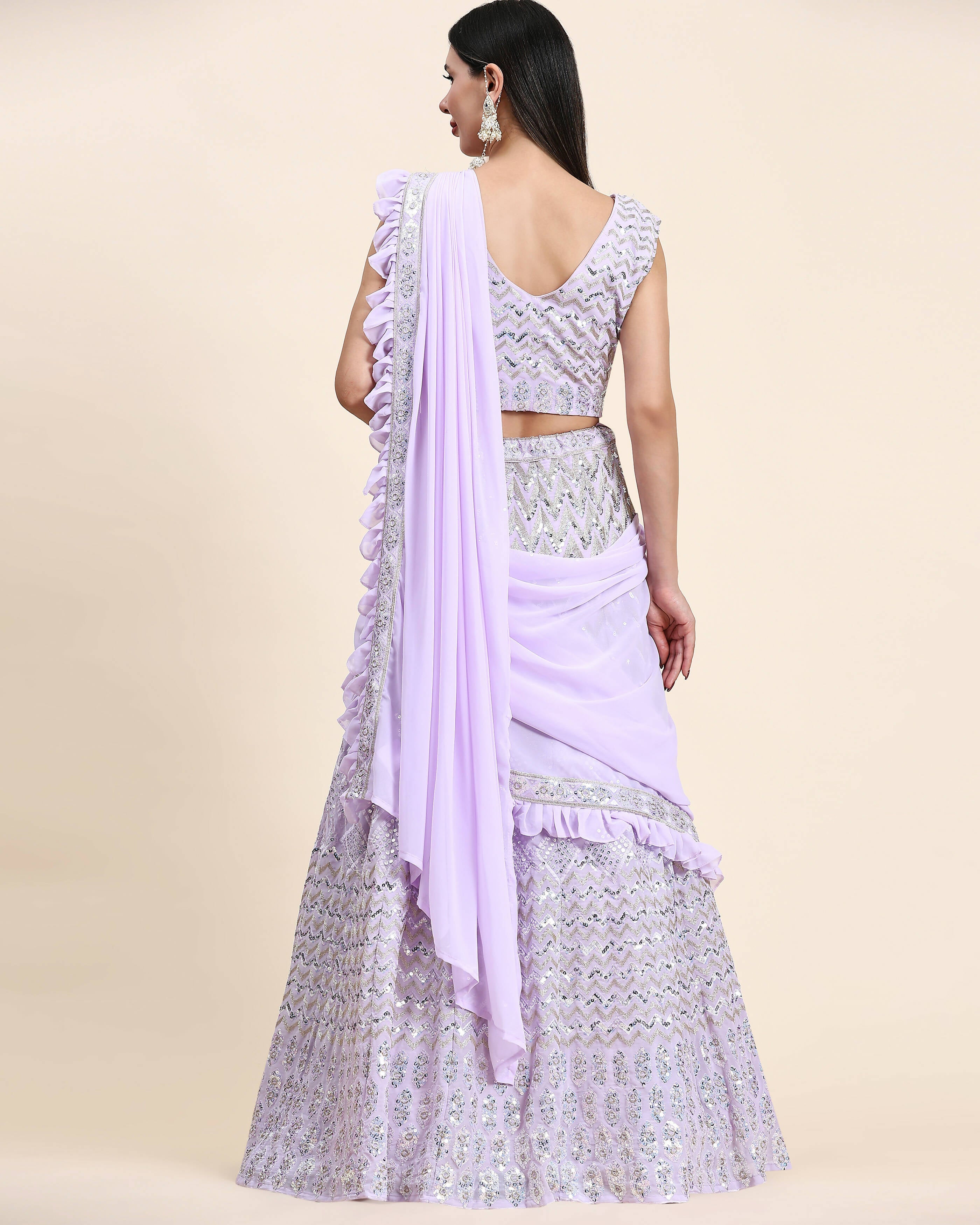 Lavender Pure Viscose Georgette Thread With Sequins Embroidery Work Lehenga Choli With Dupatta - Tanya