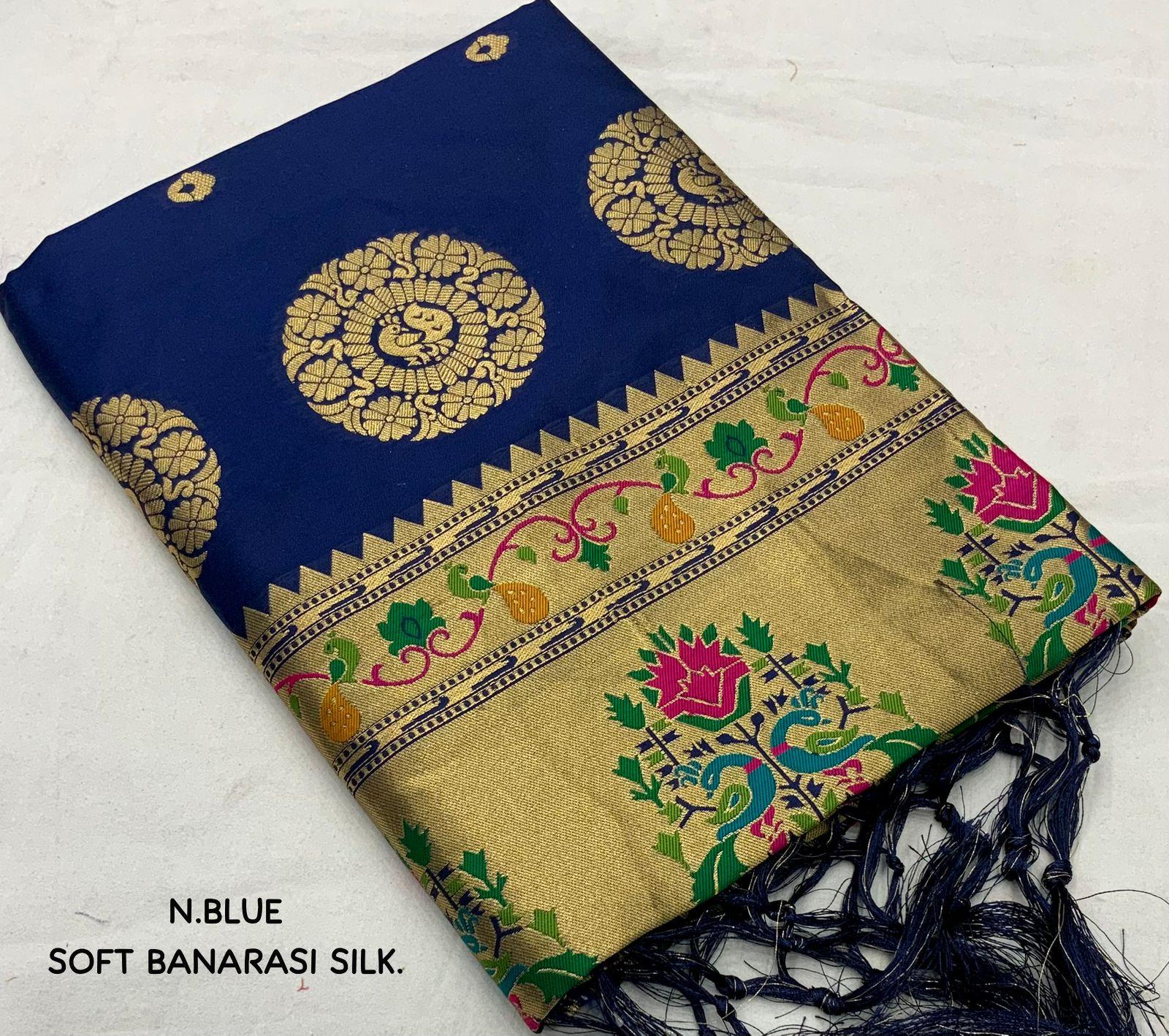 Navy Blue Pure Silk Woven Design Saree with Unstitched Blouse - A2M