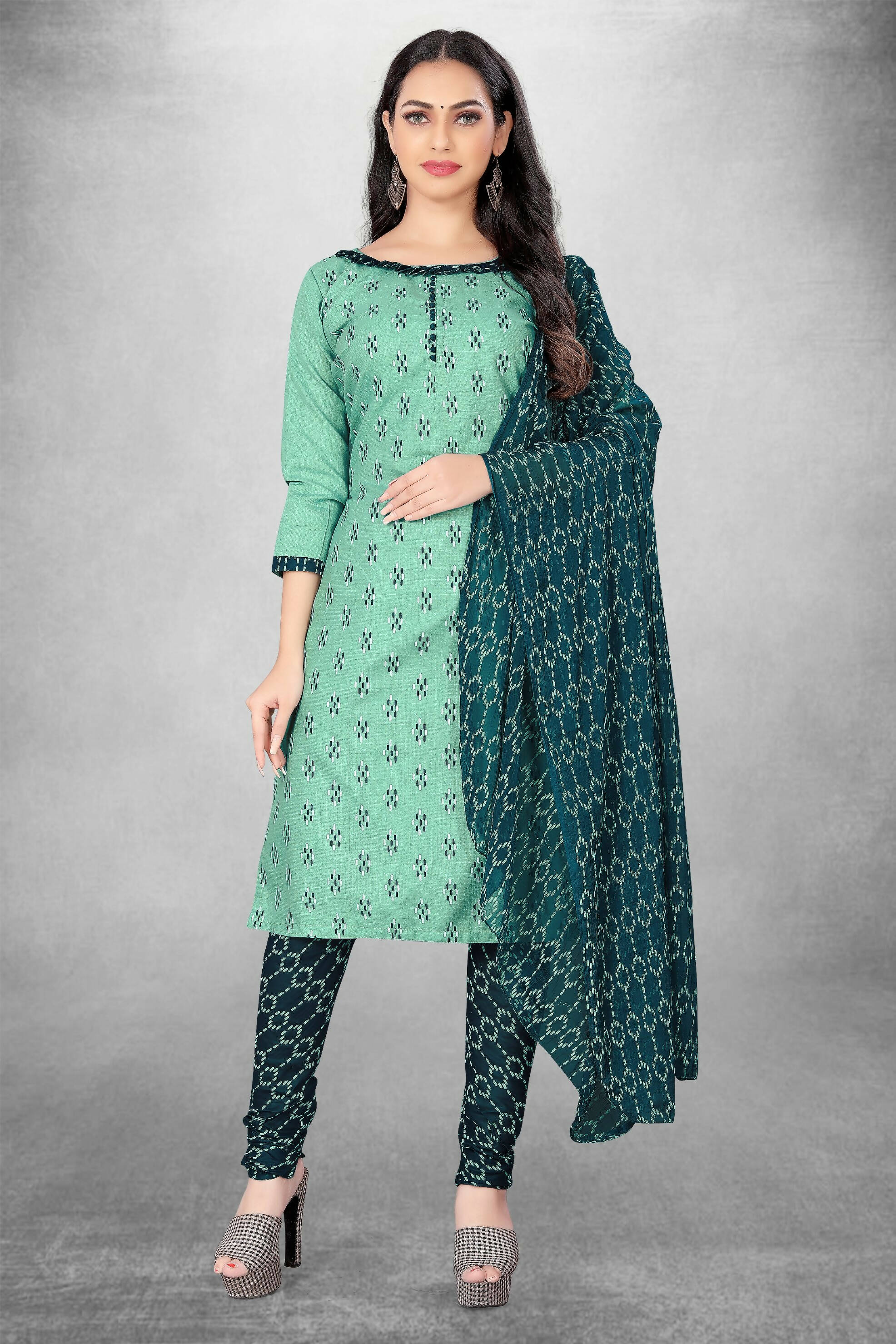 Sea Green Cotton Printed Unstitched Dress Material - Amara