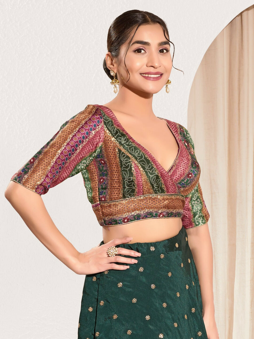 Joban Fashion Magenta Brocade Padded Blouse With V Neck Elbow Sleeves