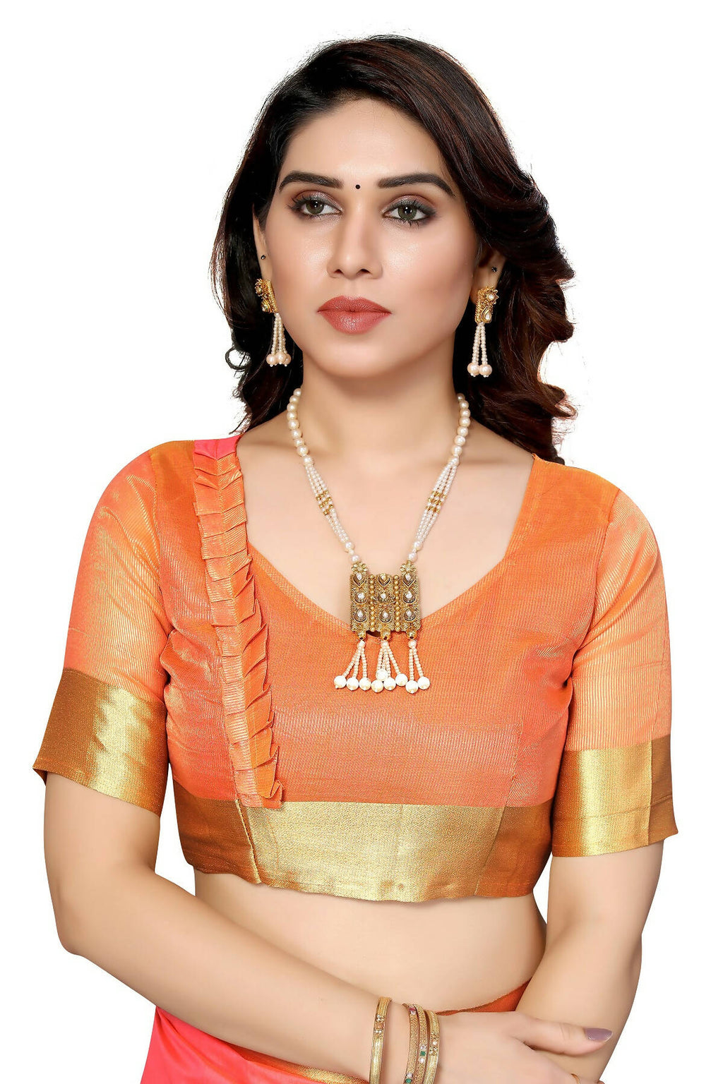 Vamika Peach Cotton Polyester Silk Weaving Saree