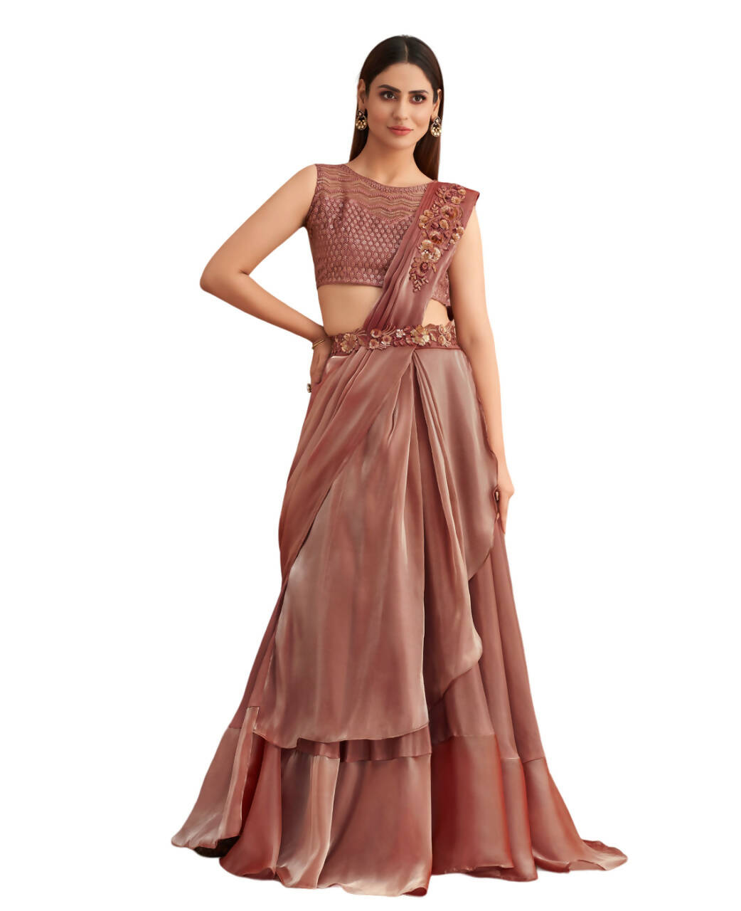 Pink Satin Embroidered Ready To Wear Saree With Unstitched Blouse Piece - Nandika