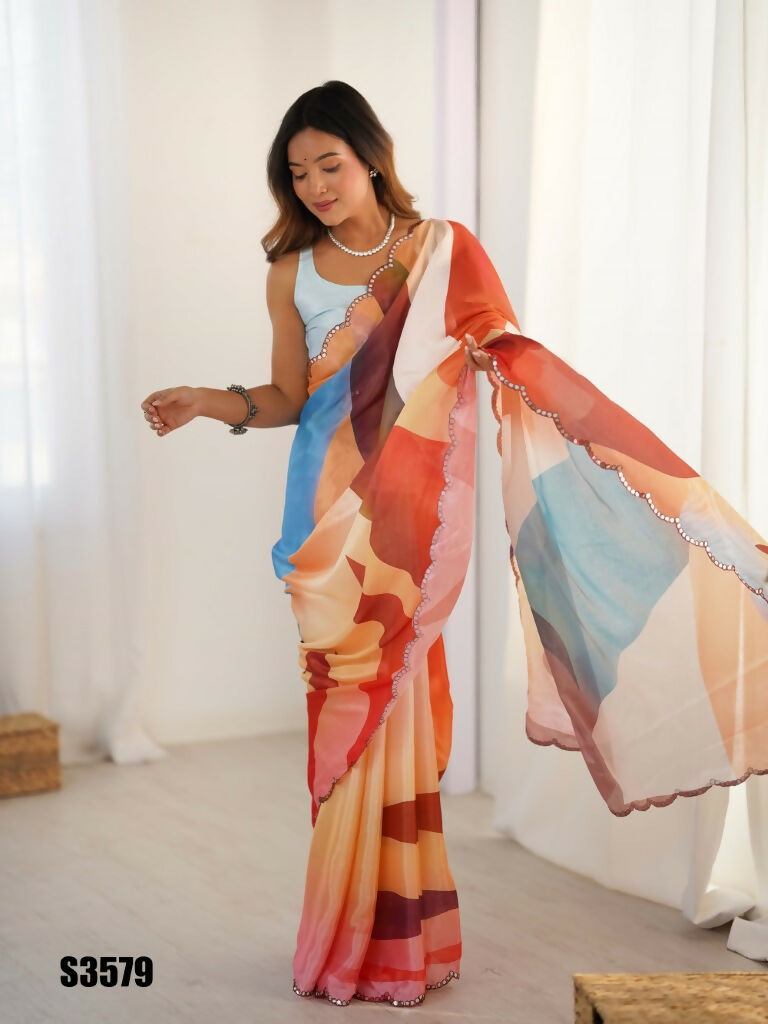 Multi Chinon Designer Digital Printed,Mirror Cut Work Saree - Sohni