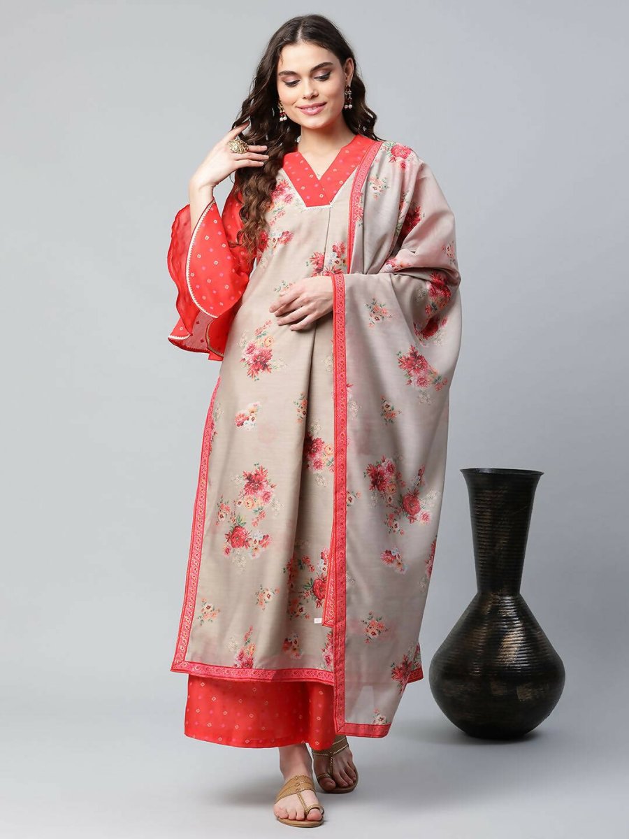Ahalyaa Womens Chiku Chanderi Printed Kurta Palazzo Set