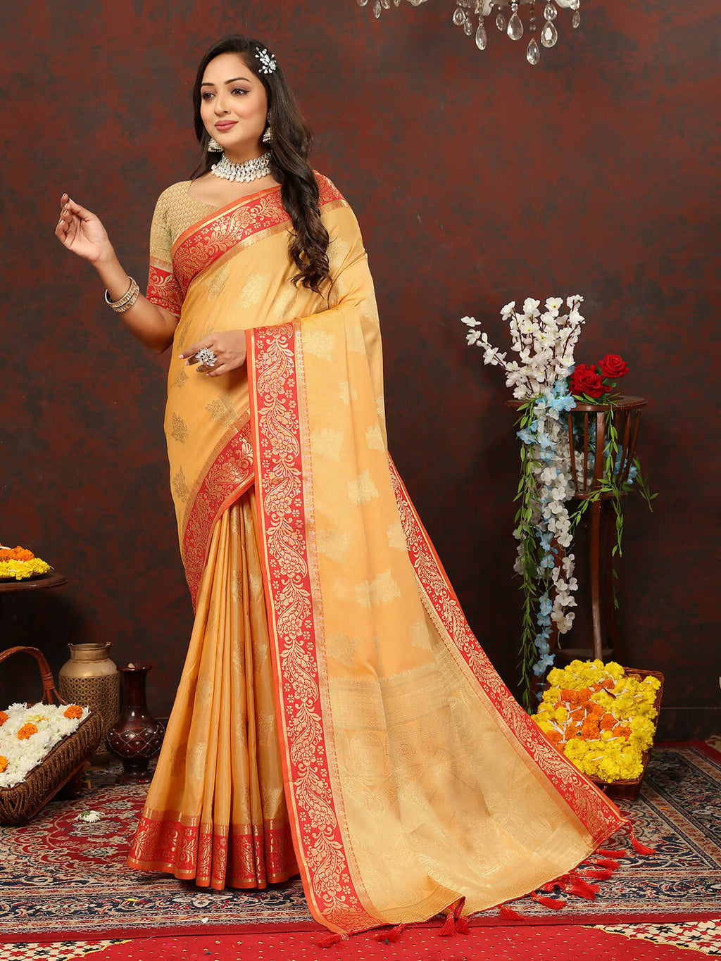 Lorenvalley Fashion Gold Cotton Woven Design with Zari Weaving Design Saree