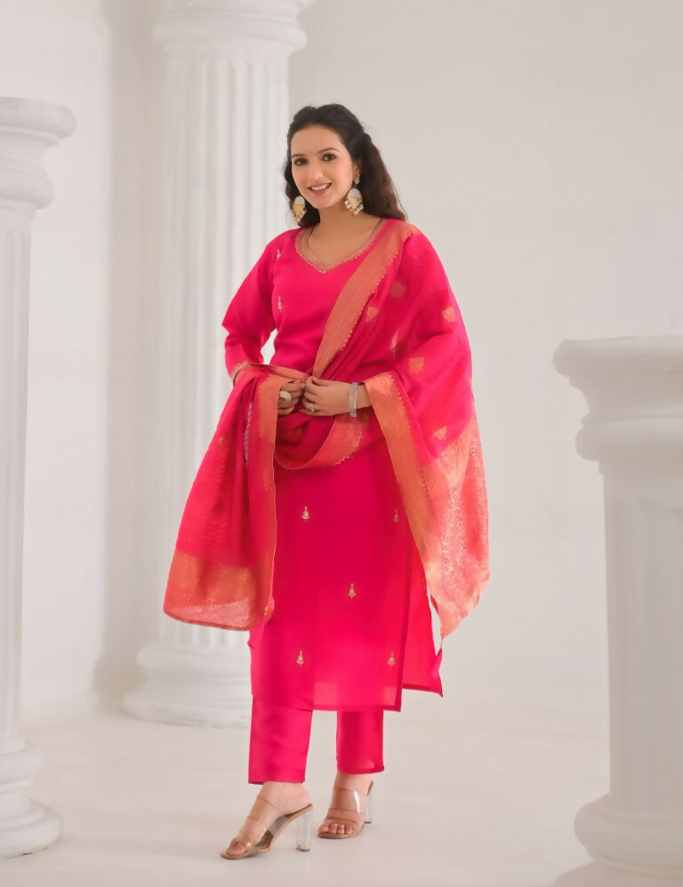 Ethnic Festive Wear Viscose Chanderi Pink Stitched Suit With Dupatta - Tanisha