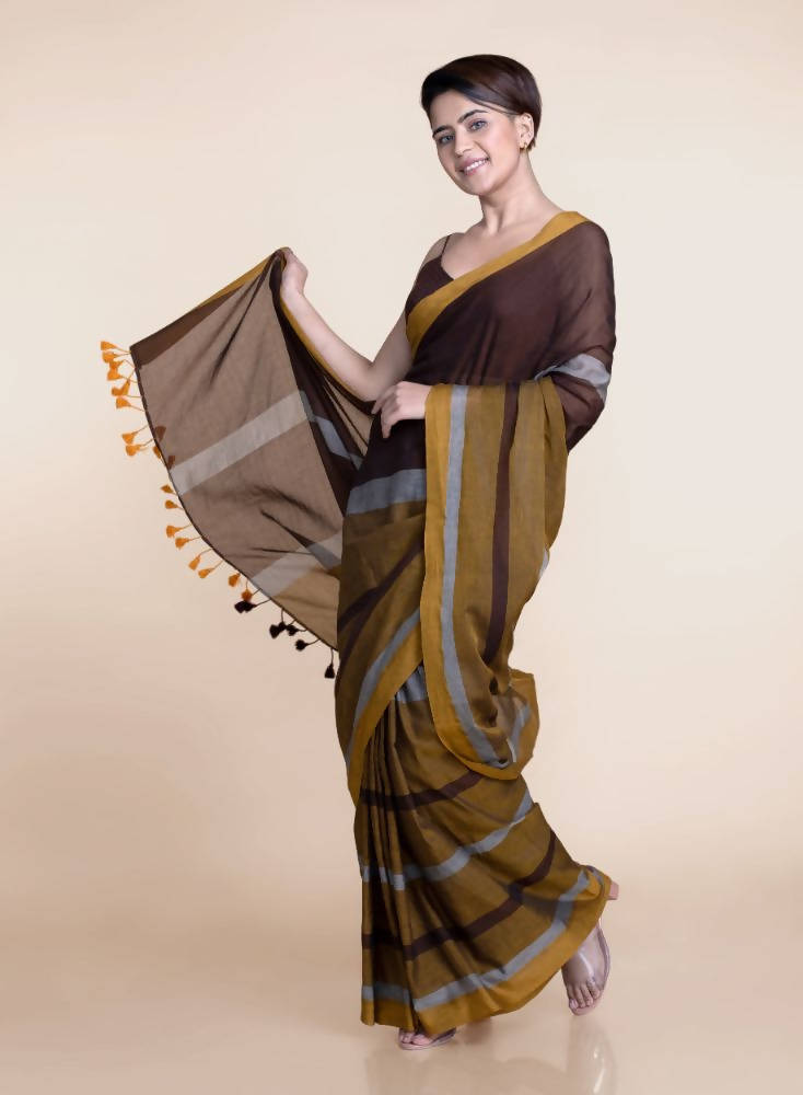 Suta Brown Yellow Colourblocked Mul Saree