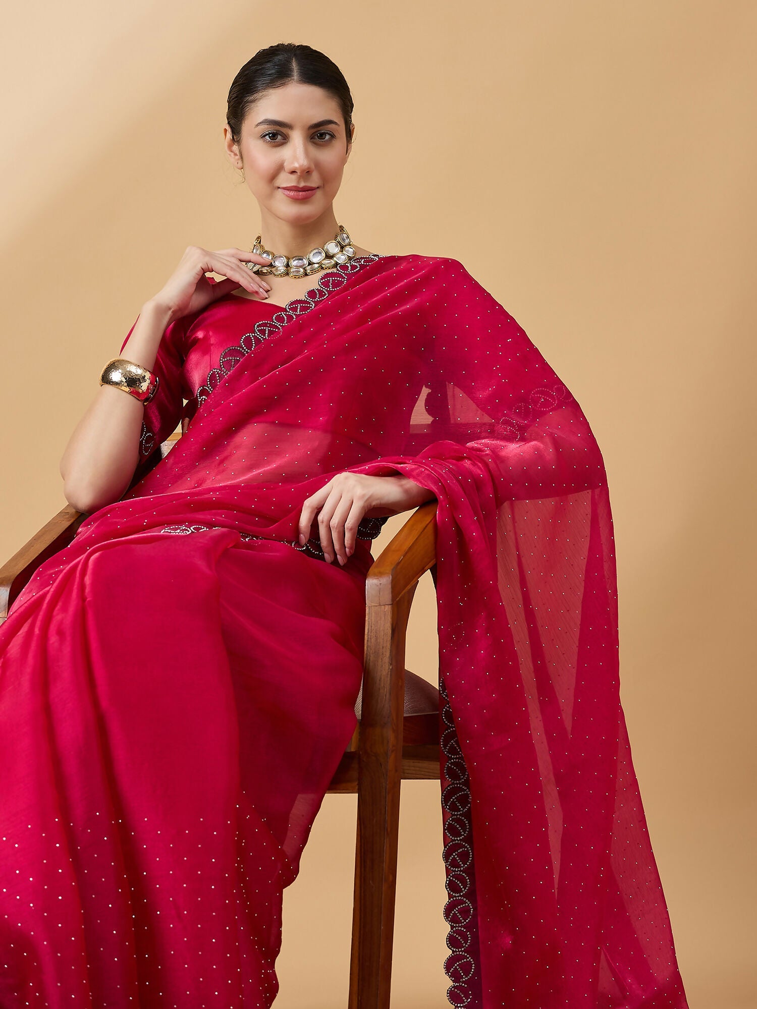 Pink Organza Swaroski Diamond Work Saree with Unstitched Blouse - Radha