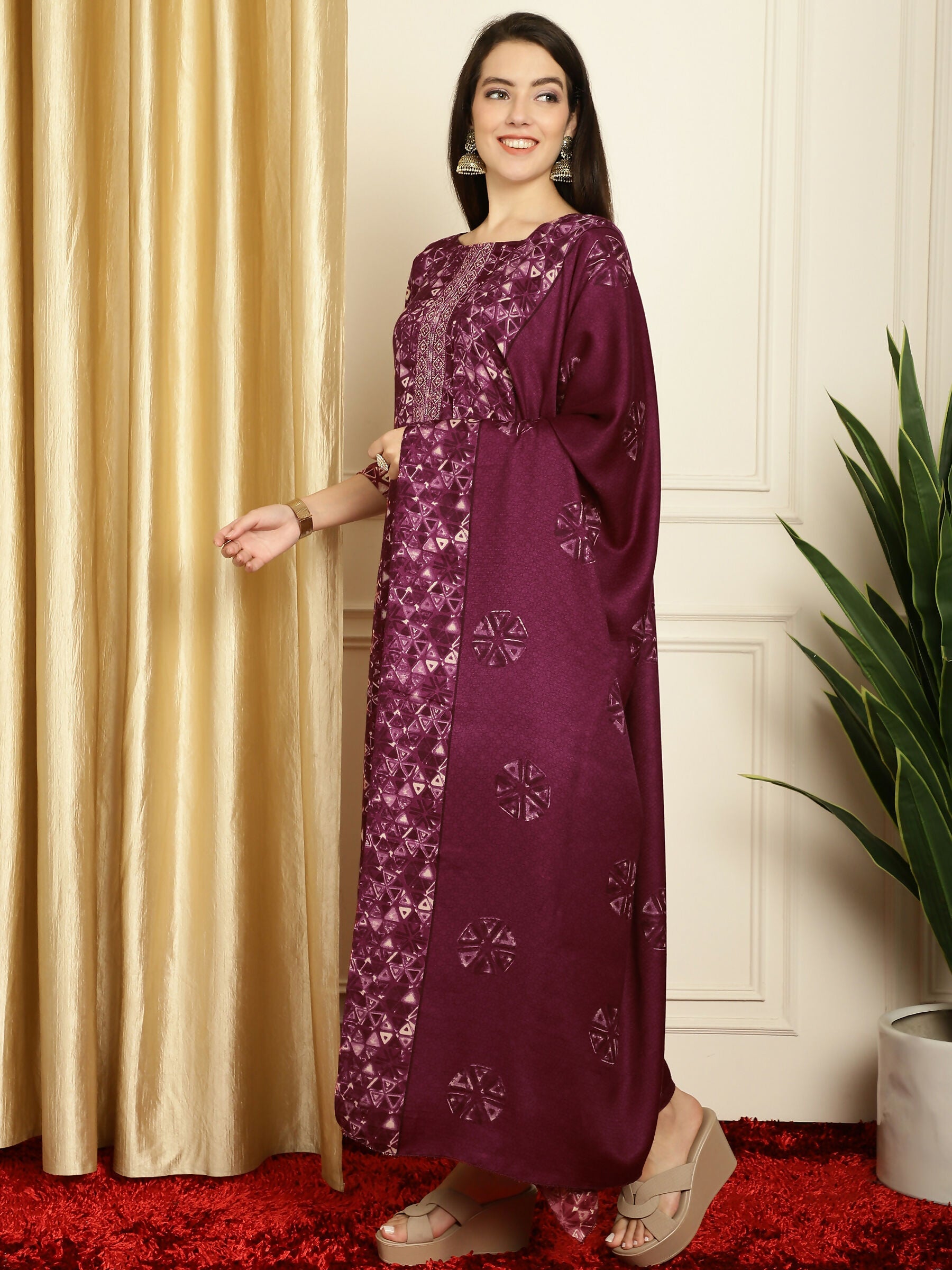 Jyoti Fashion Women's Wine Pashmina Floral Digital Printed Kurta with Trouser & Dupatta