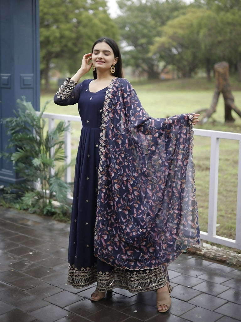 Jyoti Fashion Women's Navy Blue Faux Blooming Sequins with Zari Embroidery Anarkali Dress with Dupatta