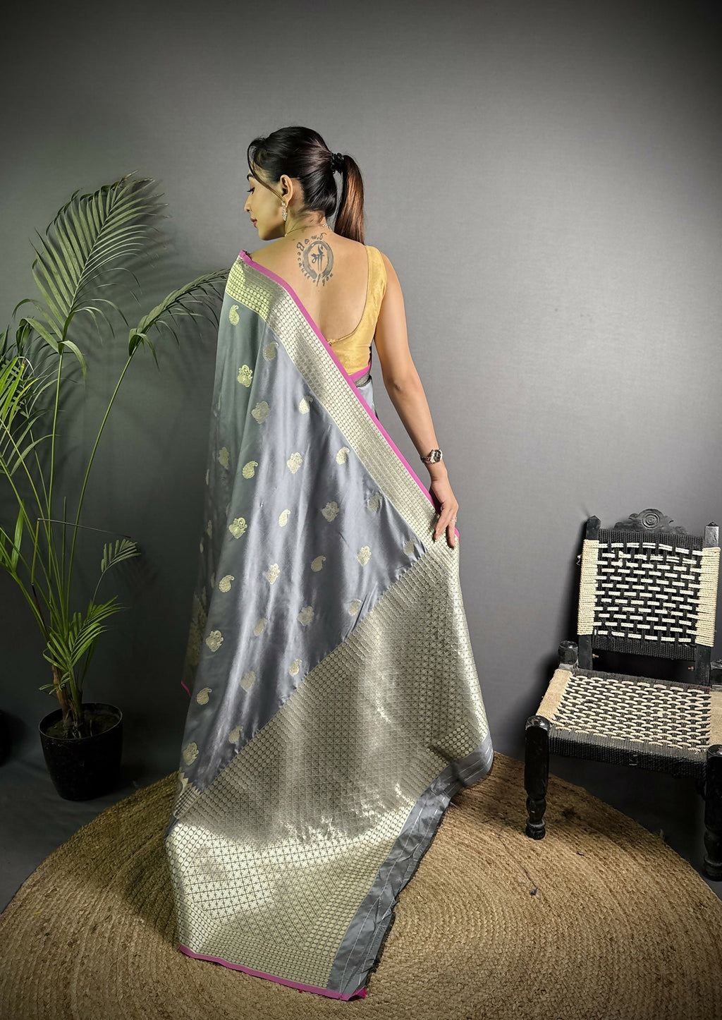 Joban Fashion Dark Grey Banarasi Soft Lichi Silk Paisley Saree