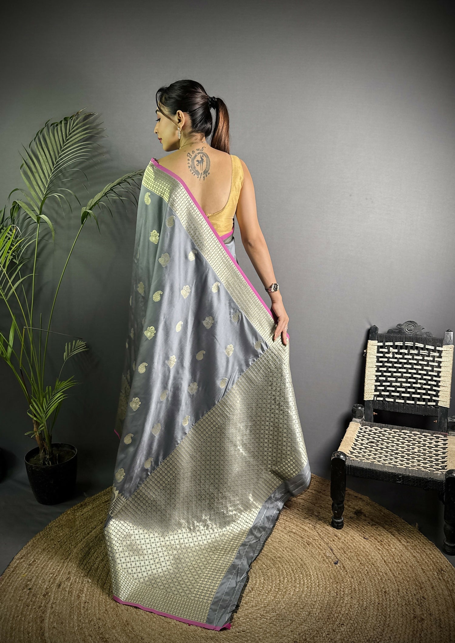 Joban Fashion Dark Grey Banarasi Soft Lichi Silk Paisley Saree