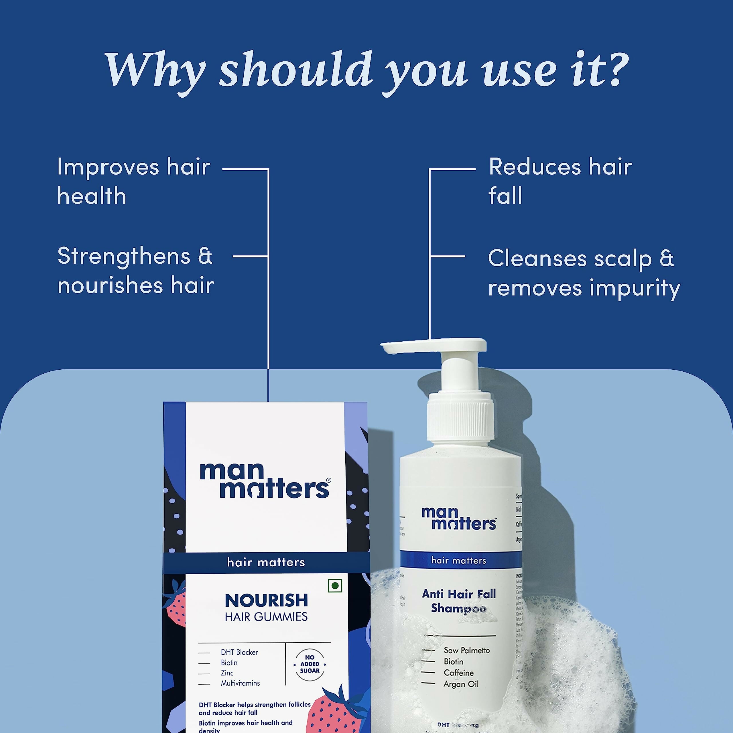 Man Matters Biotin Stage 1 Hair Loss Kit - Hair Gummies & Anti Hair Fall Shampoo With DHT Blocker, Biotin & Caffeine