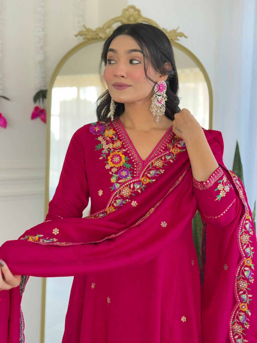 The52 Rani Women's Beautiful Embroidered Work Vichitra Silk Fabric Straight Kurta Pant and Dupatta Set