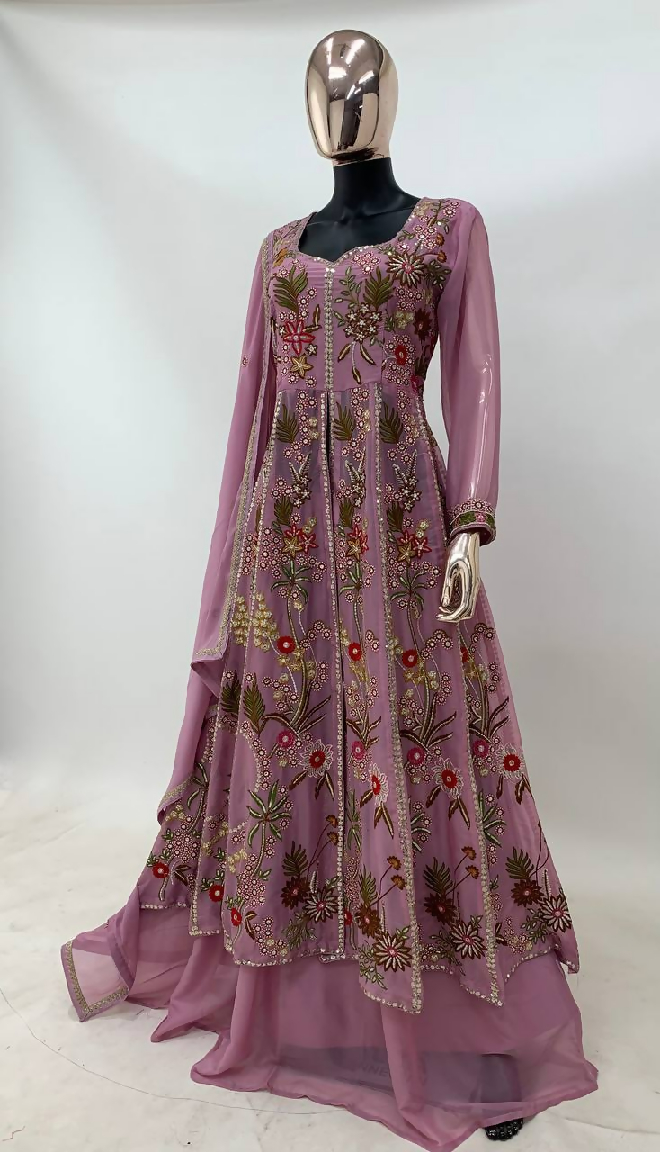 Lorenvalley Fashion Pink Viscose Silk Embroidery Work Gown Skirt Stitched