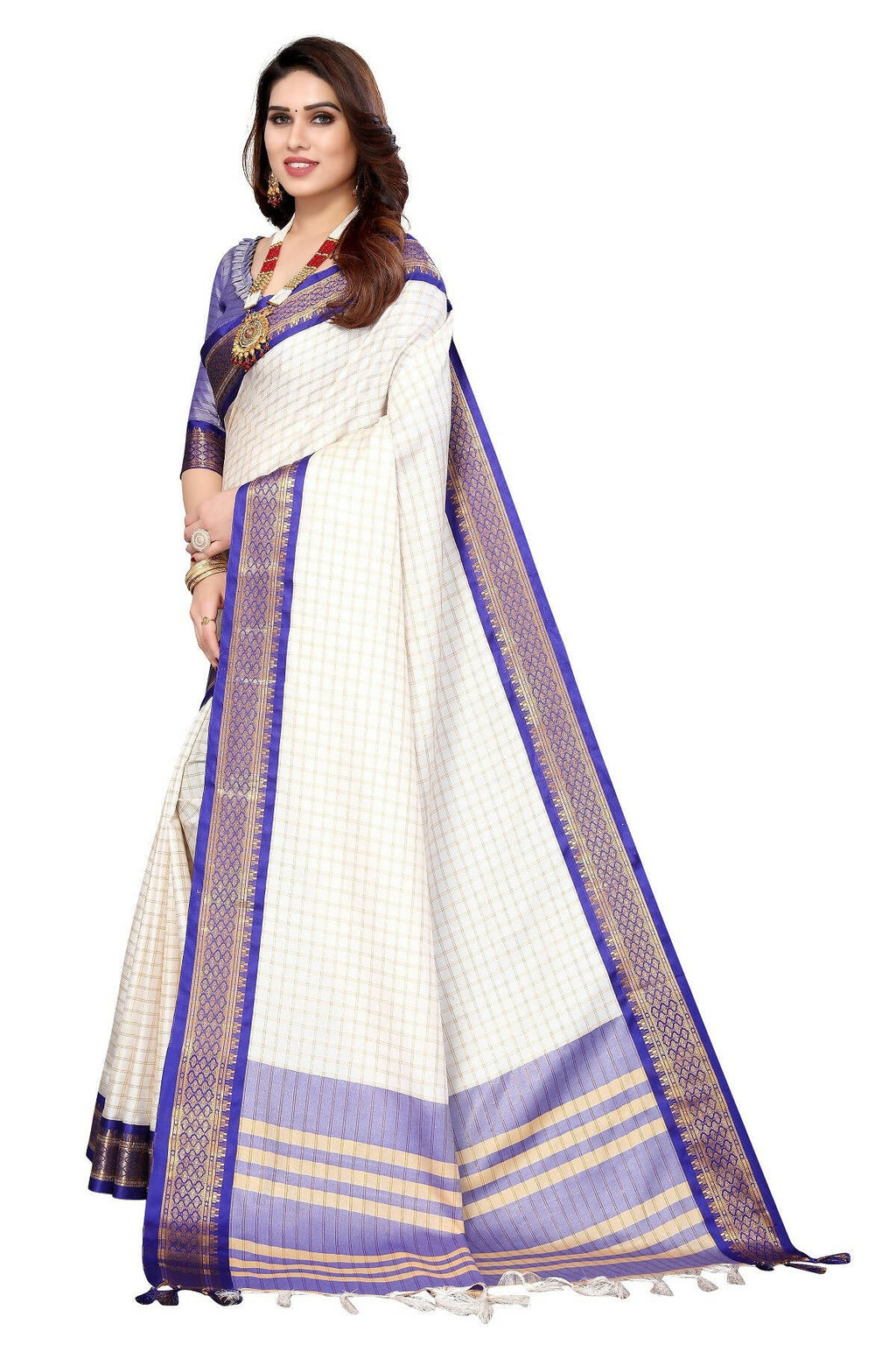 Vamika Weaving White Cotton Silk Saree (DEVAL PURPLE)