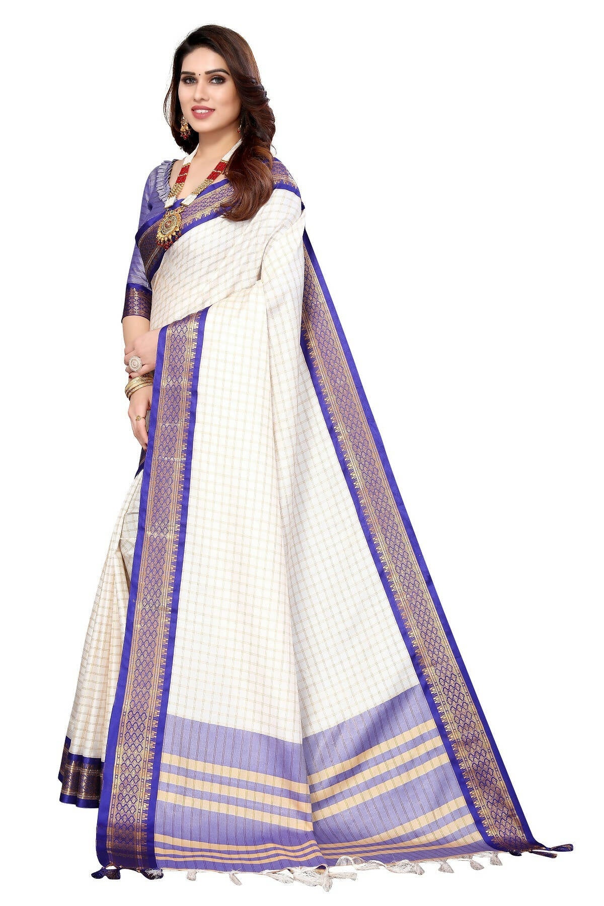 Vamika Weaving White Cotton Silk Saree (DEVAL PURPLE)