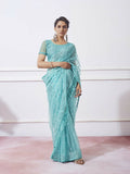 Blue Net Designer Thread Embroidery Work Saree with Unstitched Blouse - Vandini