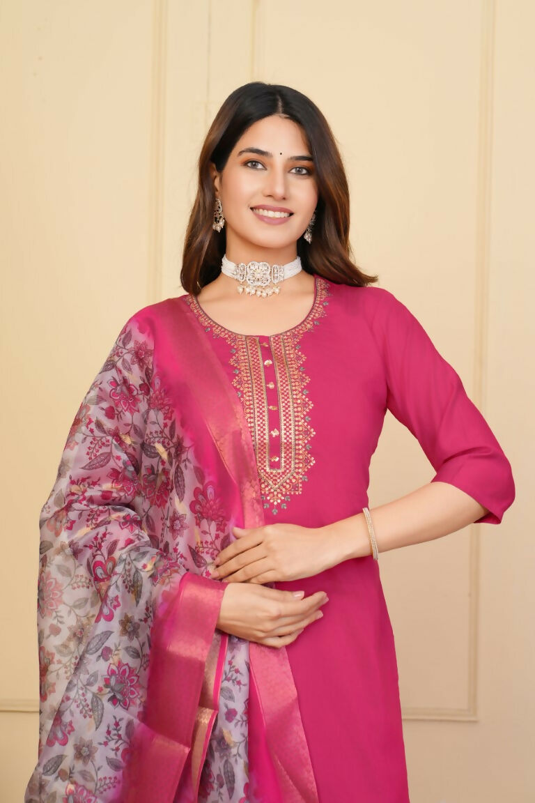 Red Viscose Chanderi Embroidered Stitched Suit With Dupatta - Tanisha