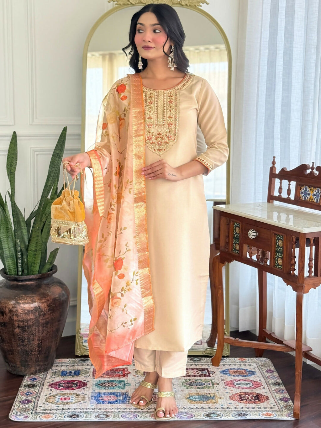 The52 Chiku Women's Beautiful Rayon Fabric Embroidered Work Straight Kurta Pant and Dupatta Set