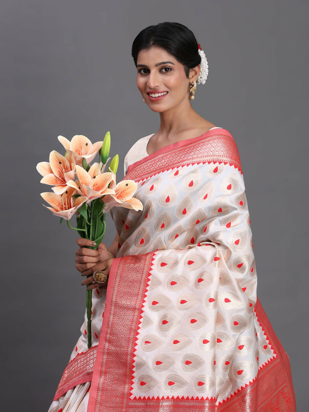 Shree Shyam Fashion Banarasi Silk Red & White Saree