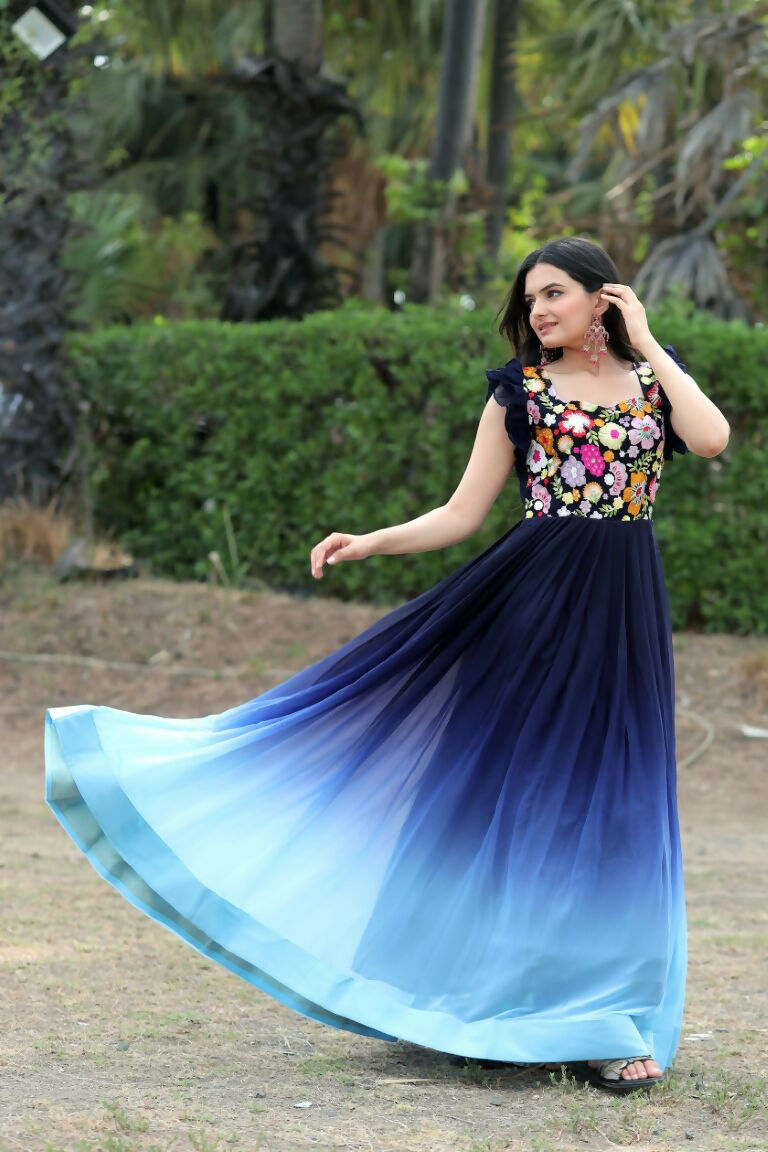 Jyoti Fashion Women's Blue Sequins Embroidery Faux Blooming Anarkali Dress