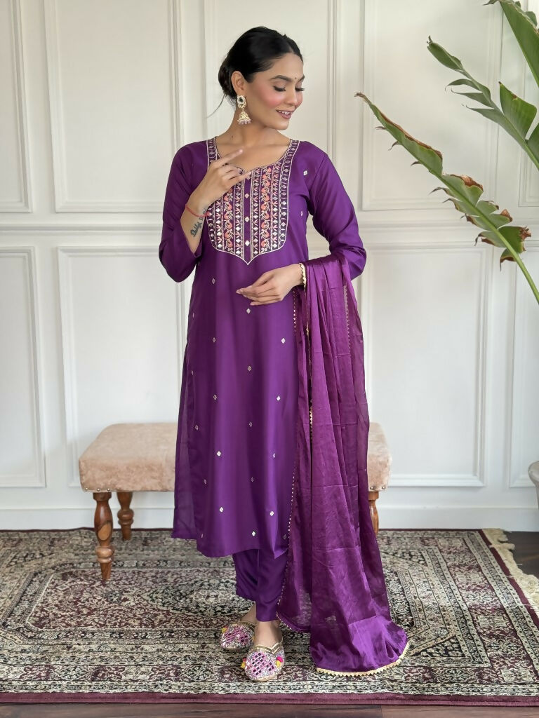 Purple Rayon Slub Stitched Suit With Dupatta - Tanisha