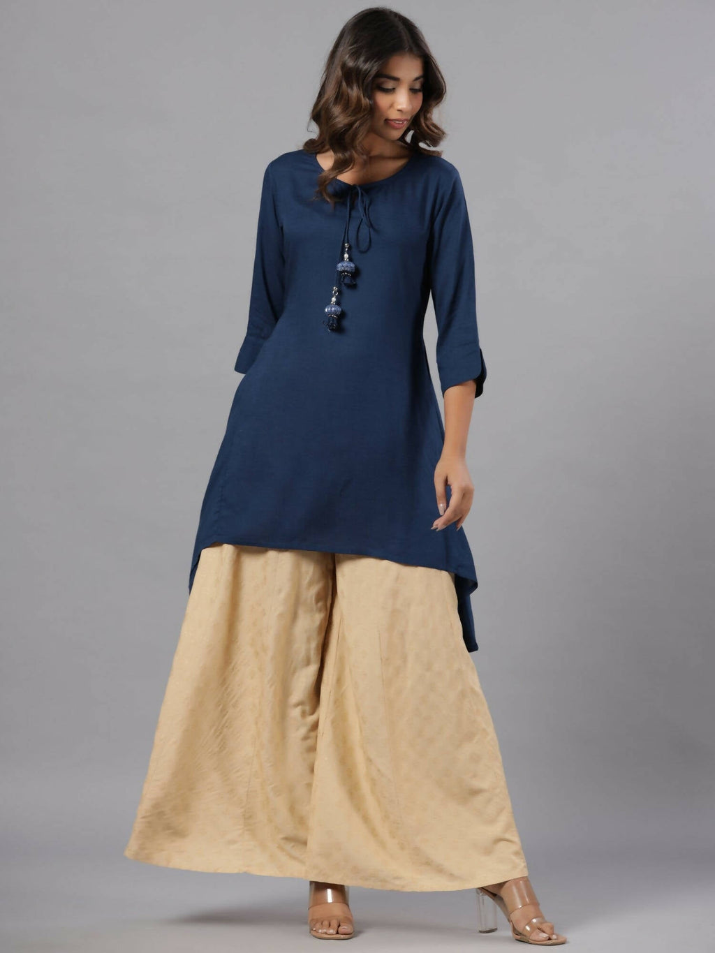 Juniper Women Indigo Rayon Solid Asymmetric Kurta