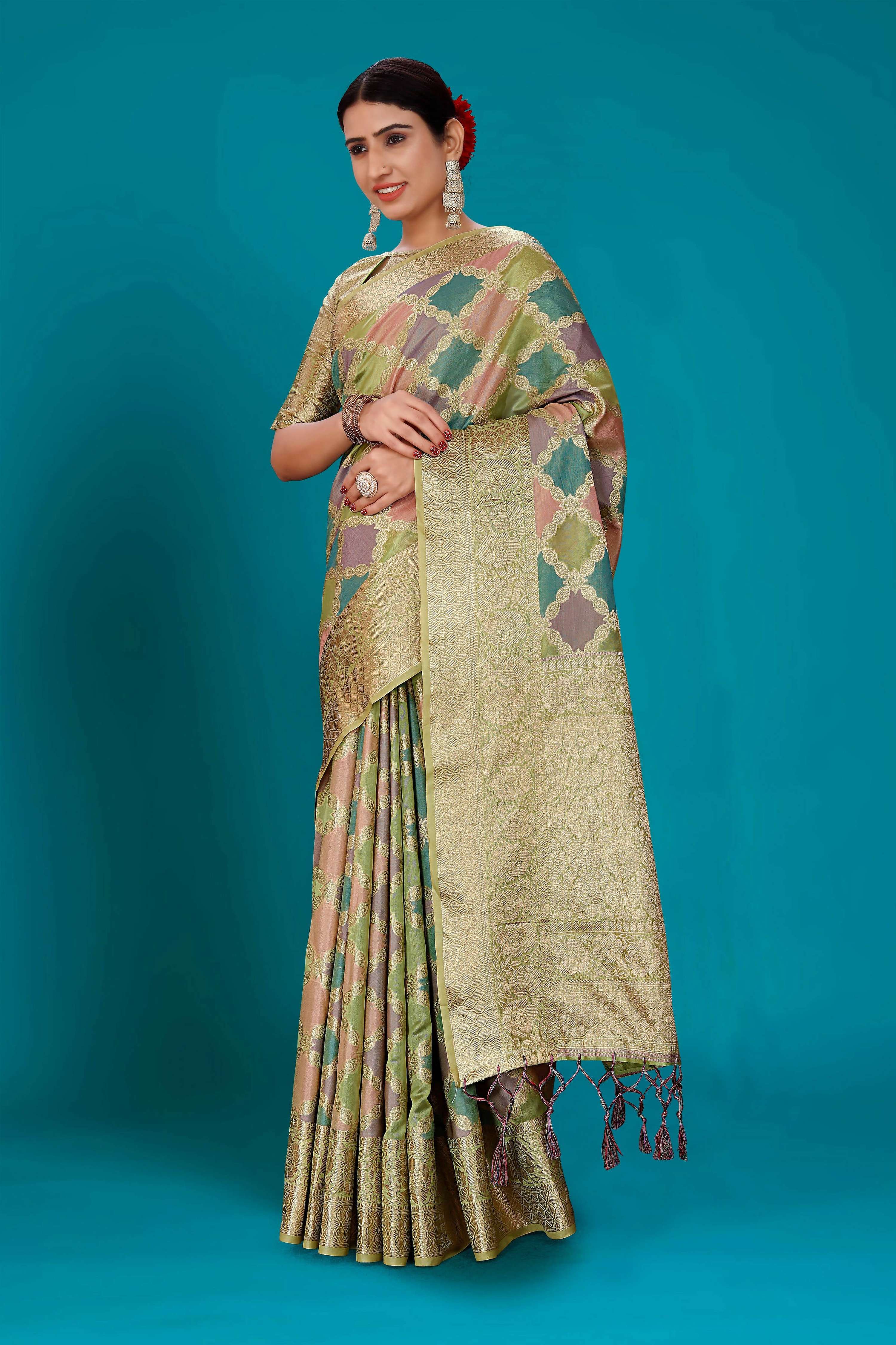 Green Soft Organza Woven Design Saree with Unstitched Blouse Piece - Zaara
