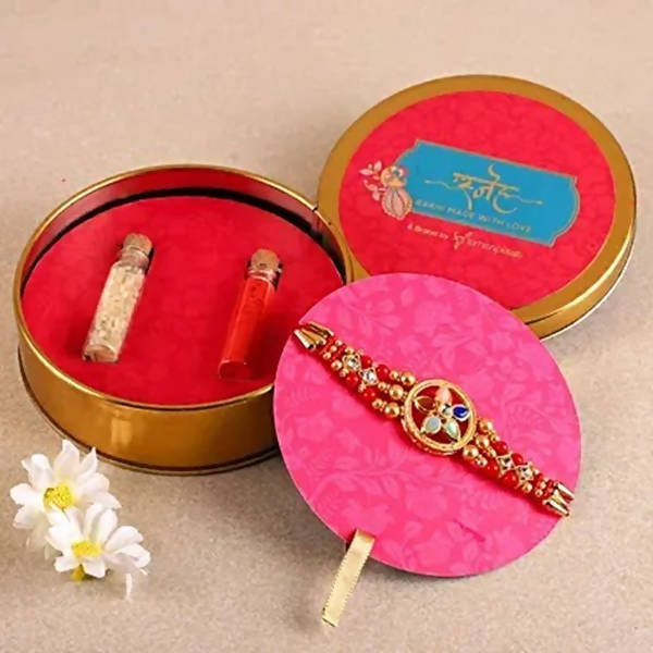 Flower Design Kundan Rakhi and Kaju Rolls Box