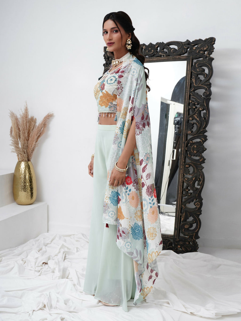 Sea Green Digital Chinon Handwork Top with Palazzo & Shrug - Naomika