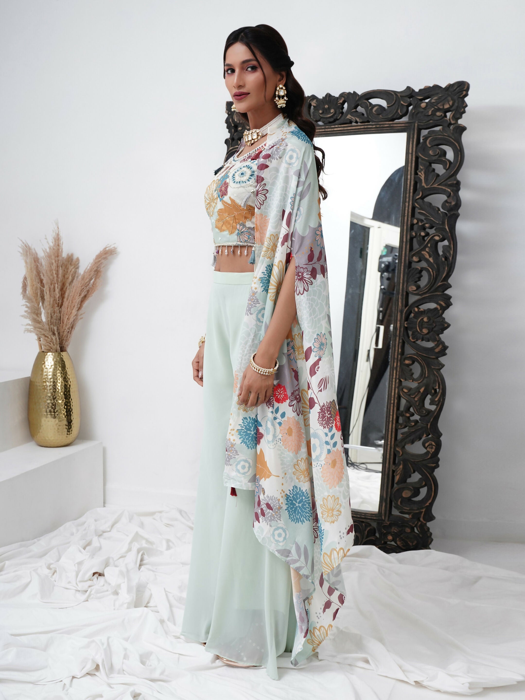 Sea Green Digital Chinon Handwork Top with Palazzo & Shrug - Naomika